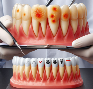 A dentist shows proper brushing with a tooth model, focusing on plaque removal.