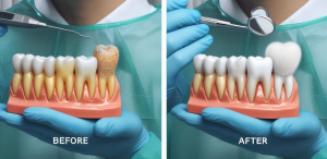 Before-and-after image showing teeth with and without dental plaque.
