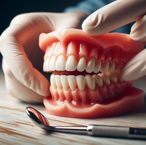A gloved person holds a tooth model, showing comfortable, natural-looking dentures.
