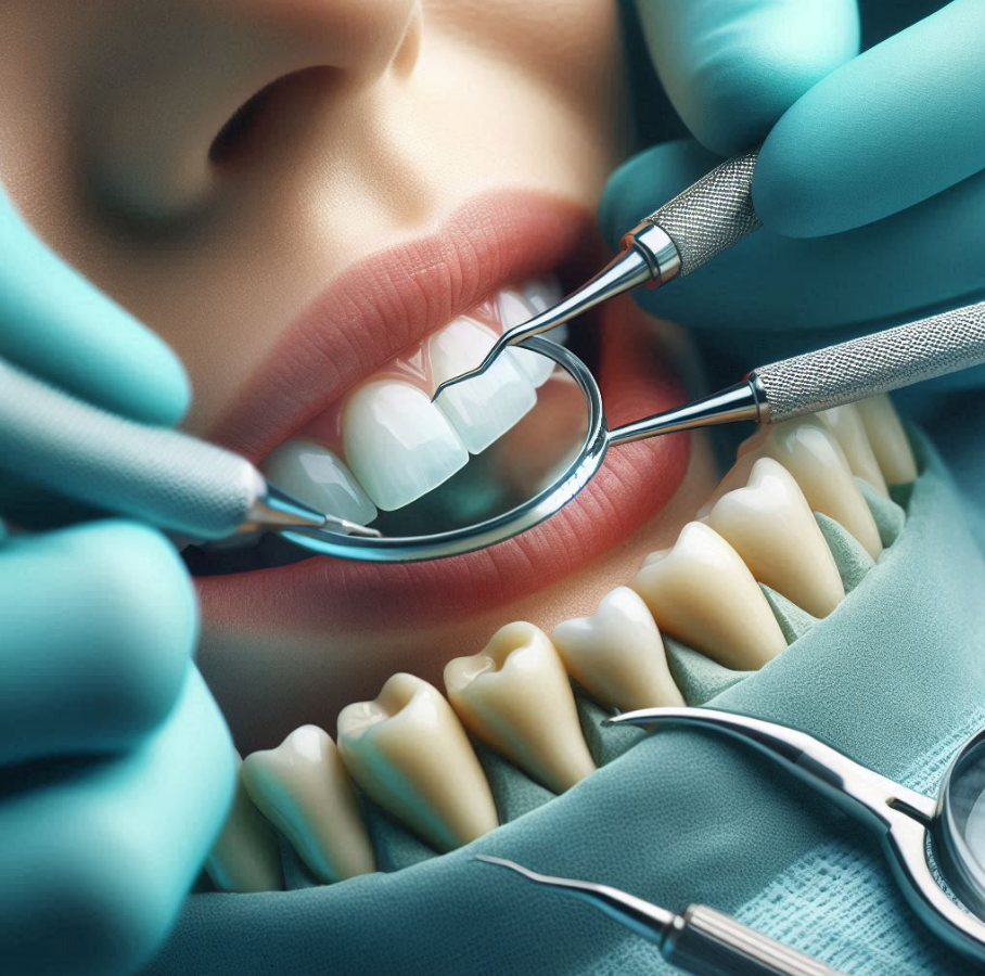 A dental professional shows tools and a tooth, highlighting the dental crown fitting process.