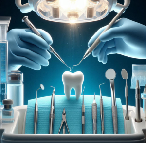A dentist holds a tooth and tools, emphasizing sedation dentistry for patient comfort.